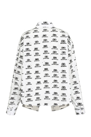 BALENCIAGA Asymmetric White Cotton Shirt with All-Over Logo Print for Women