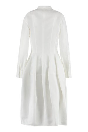 White Roll-Up Sleeve Dress with Buttoned Cuffs and Tight Waist