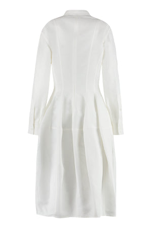BOTTEGA VENETA Chalk-Colored Linen and Viscose Midi Dress with Folded Sleeves