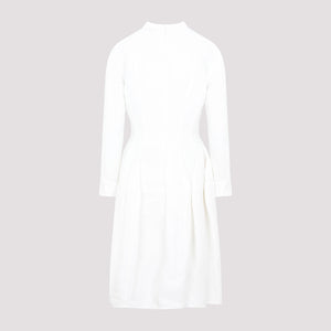 Chalk-Colored Linen and Viscose Midi Dress with Folded Sleeves