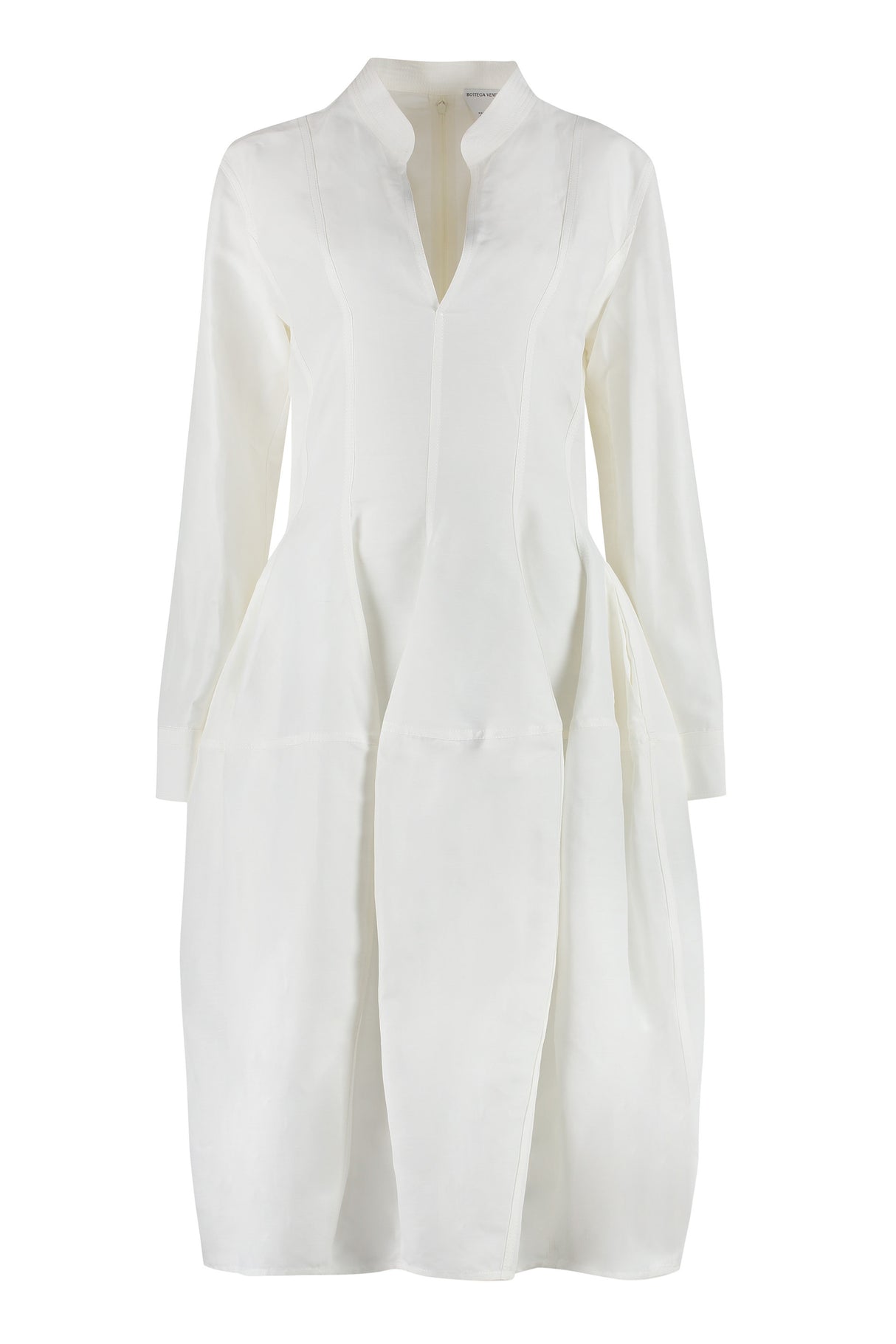 BOTTEGA VENETA Chalk-Colored Linen and Viscose Midi Dress with Folded Sleeves