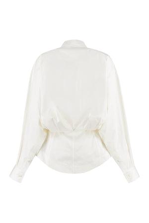 BOTTEGA VENETA Casual and Chic Long Sleeve Shirt for Women - Asymmetric Hem and Trendy Nacre Buttons