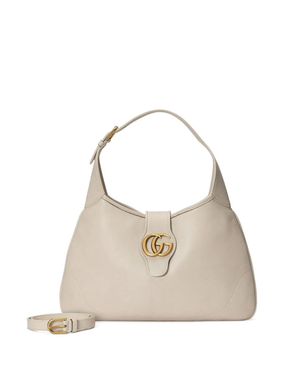 GUCCI Aphrodite Medium Grained Leather Handbag with Gold-Tone Logo, White - Adjustable & Detachable Strap, 38x39x2 cm