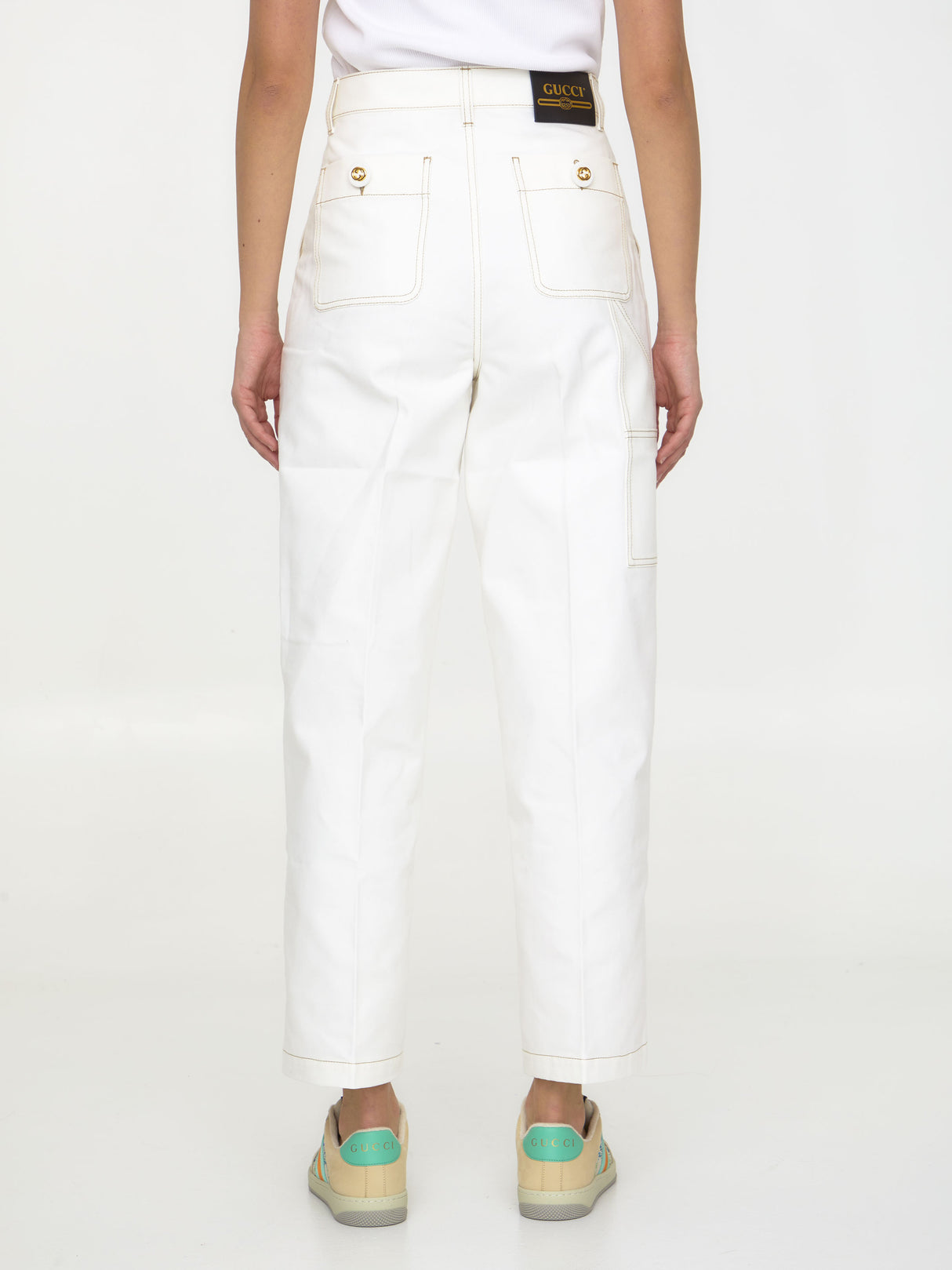 Contrasting Stitch High-Rise Cotton Trousers for Women