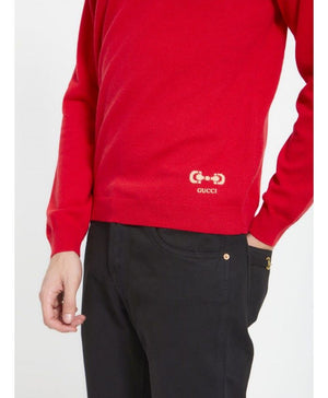 GUCCI Red Cashmere Jumper with Horsebit Embroidery