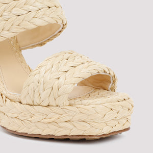 BOTTEGA VENETA Women's White Square Toe Raffia Sandals with Rubber Sole and Block Heel for SS23