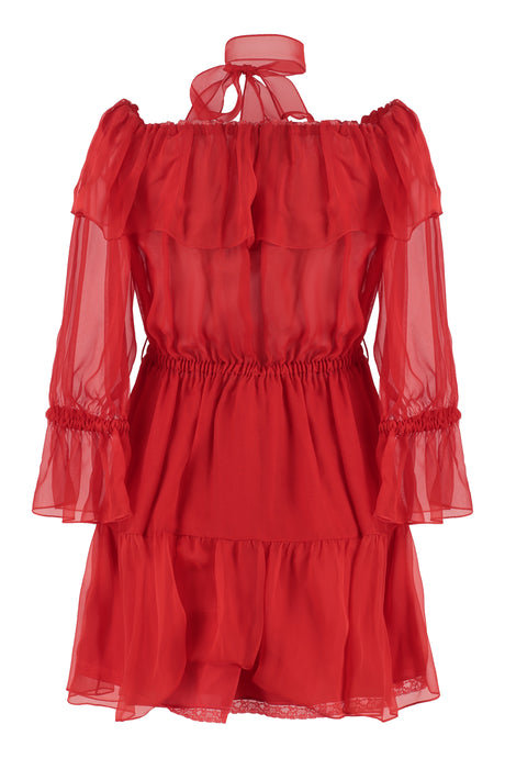 GUCCI Ruffled Chiffon Dress with Elasticated Collar and Silk Scarf