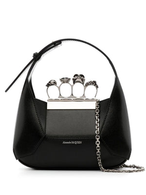 ALEXANDER MCQUEEN Mini Jewel Hobo Handbag with Swarovski Crystal Accents and Removable Chain Strap, Black Leather, 20x12x4cm