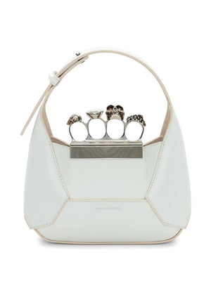 ALEXANDER MCQUEEN Ivory White Mini Leather Hobo Handbag with Swarovski Crystals and Skull Charm