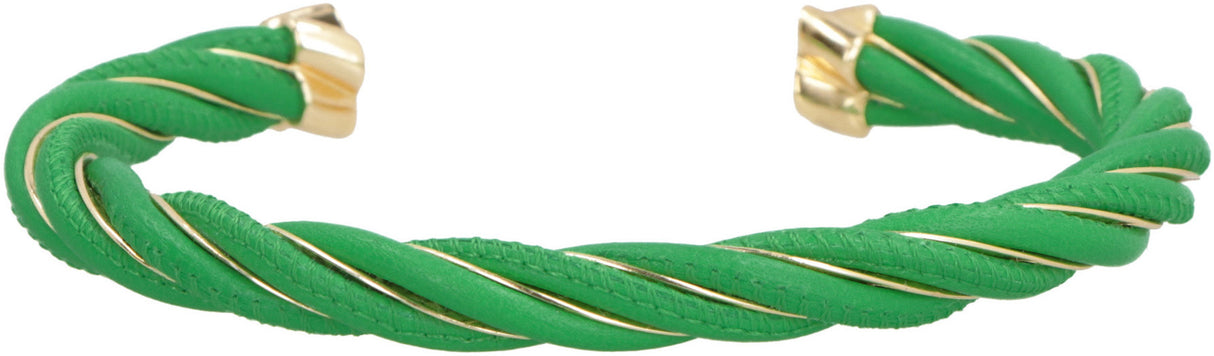 Green Leather and Silver Twist Cuff Bracelet (SS23)