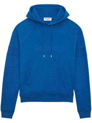 Blue Cotton Hoodie with Contrasting Cuffs and Hem for Men