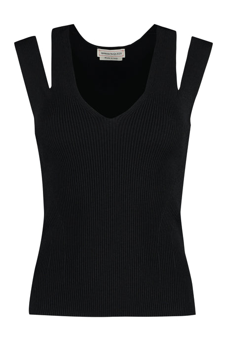 ALEXANDER MCQUEEN Black Ribbed Knit Top with Cold Shoulders for Women - SS23 Collection