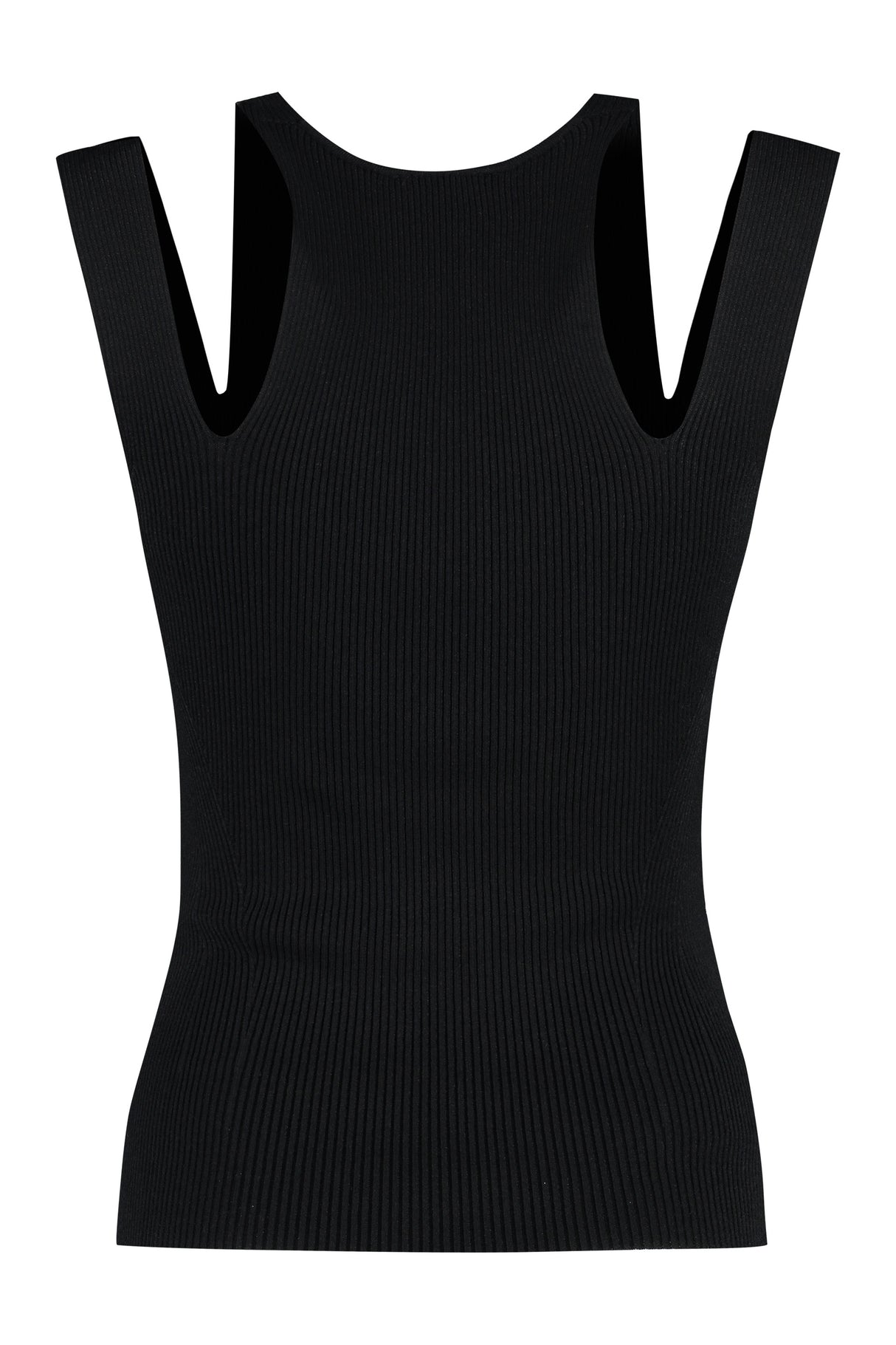 ALEXANDER MCQUEEN Black Ribbed Knit Top with Cold Shoulders for Women - SS23 Collection