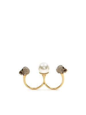 ALEXANDER MCQUEEN Elegant Pearl Double Ring for Women - Antique Gold