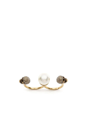 ALEXANDER MCQUEEN Elegant Pearl Double Ring for Women - Antique Gold