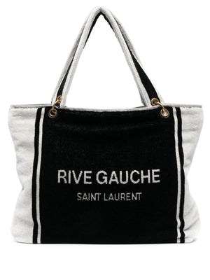 SAINT LAURENT Black & White Logo Raffia Beach Handbag for Women