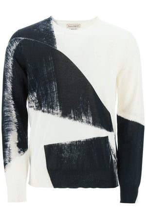 ALEXANDER MCQUEEN Men's White and Ivory Asymmetrical Print Crewneck Sweater