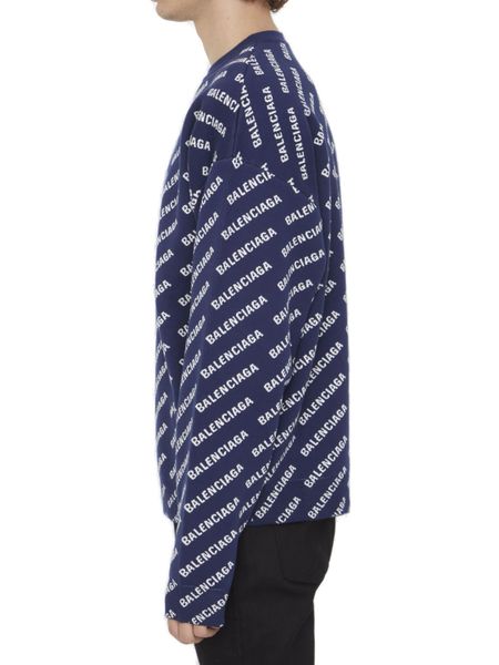 BALENCIAGA Men's Blue Jacquard Logo Long Sleeve Sweater for FW23