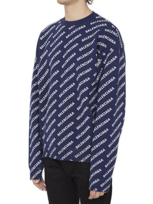 BALENCIAGA Men's Blue Jacquard Logo Long Sleeve Sweater for FW23