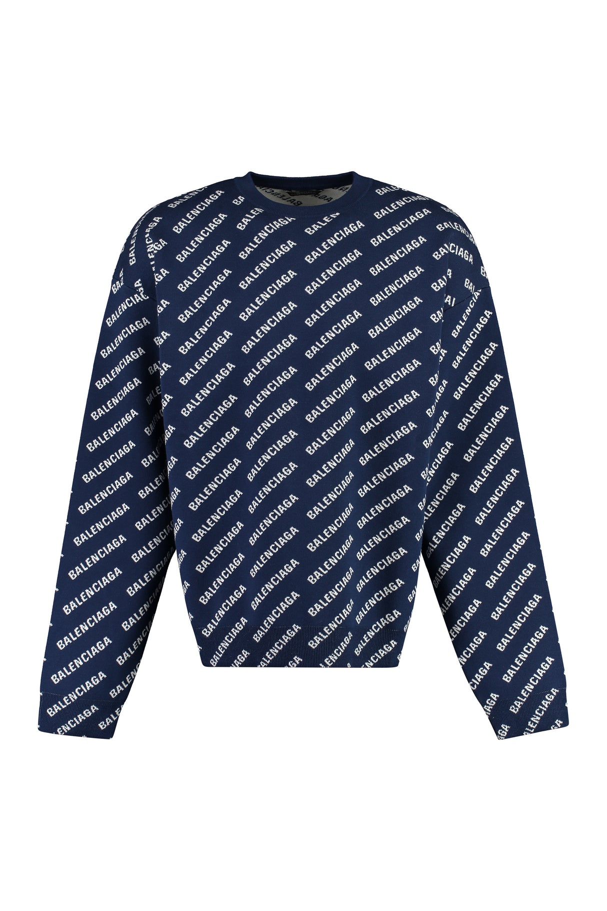 BALENCIAGA Men's Blue Jacquard Logo Long Sleeve Sweater for FW23