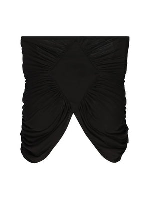 Áo Cropped Bustier Đen với Tà Ruffles và Hạt Kéo V-Cut