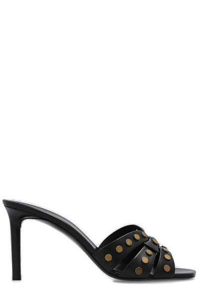 SAINT LAURENT Black Leather Interwoven Sandals with Antique Stud Detailing for Women (SS23)