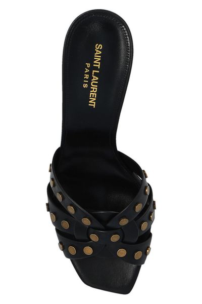 Black Leather Interwoven Sandals with Antique Stud Detailing for Women (SS23)