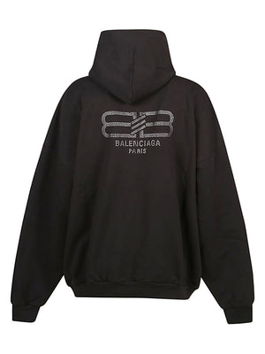 Black Hooded Sweatshirt with Rhinestone Balenciaga Motif for Women - FW23 Collection