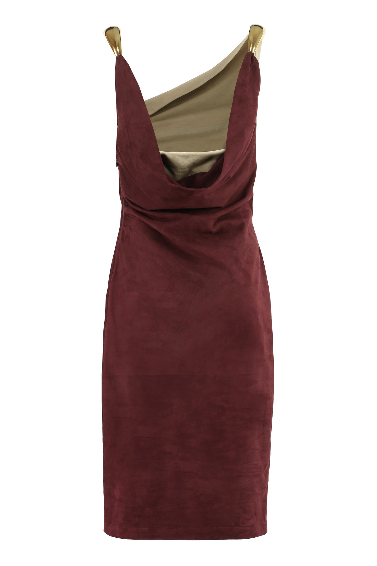 BOTTEGA VENETA Bordeaux Fluid Suede Dress with Gold-Tone Metal Shoulders