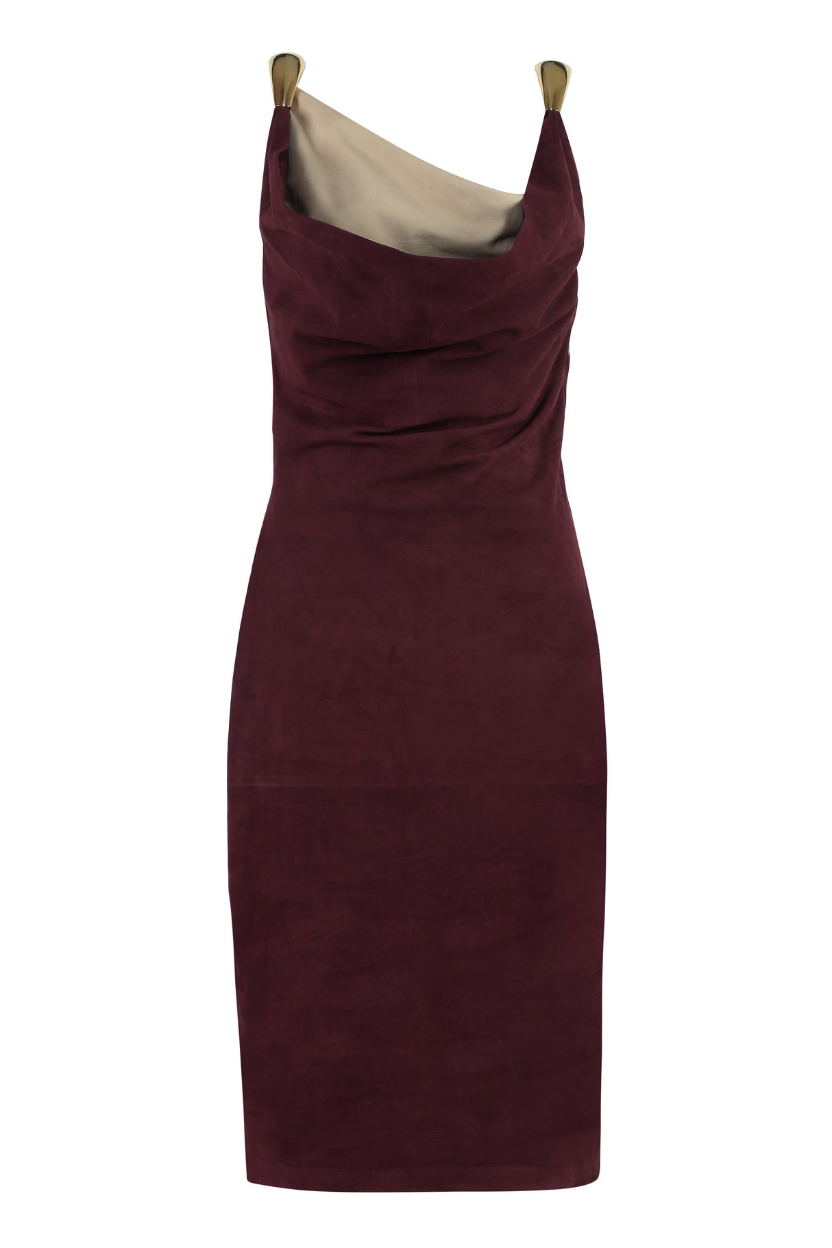 BOTTEGA VENETA Bordeaux Fluid Suede Dress with Gold-Tone Metal Shoulders