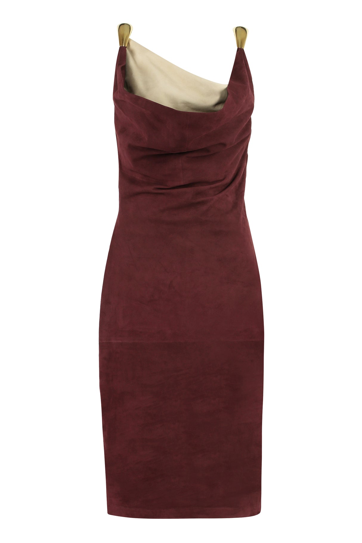 BOTTEGA VENETA Bordeaux Fluid Suede Dress with Gold-Tone Metal Shoulders