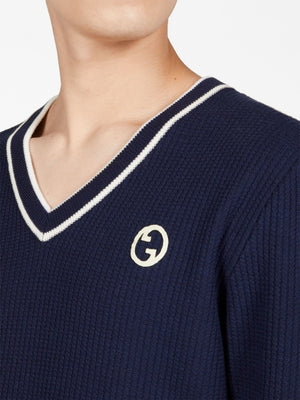 GUCCI Navy Blue Logo Patch Cotton-Wool Sweatshirt for Men SS23