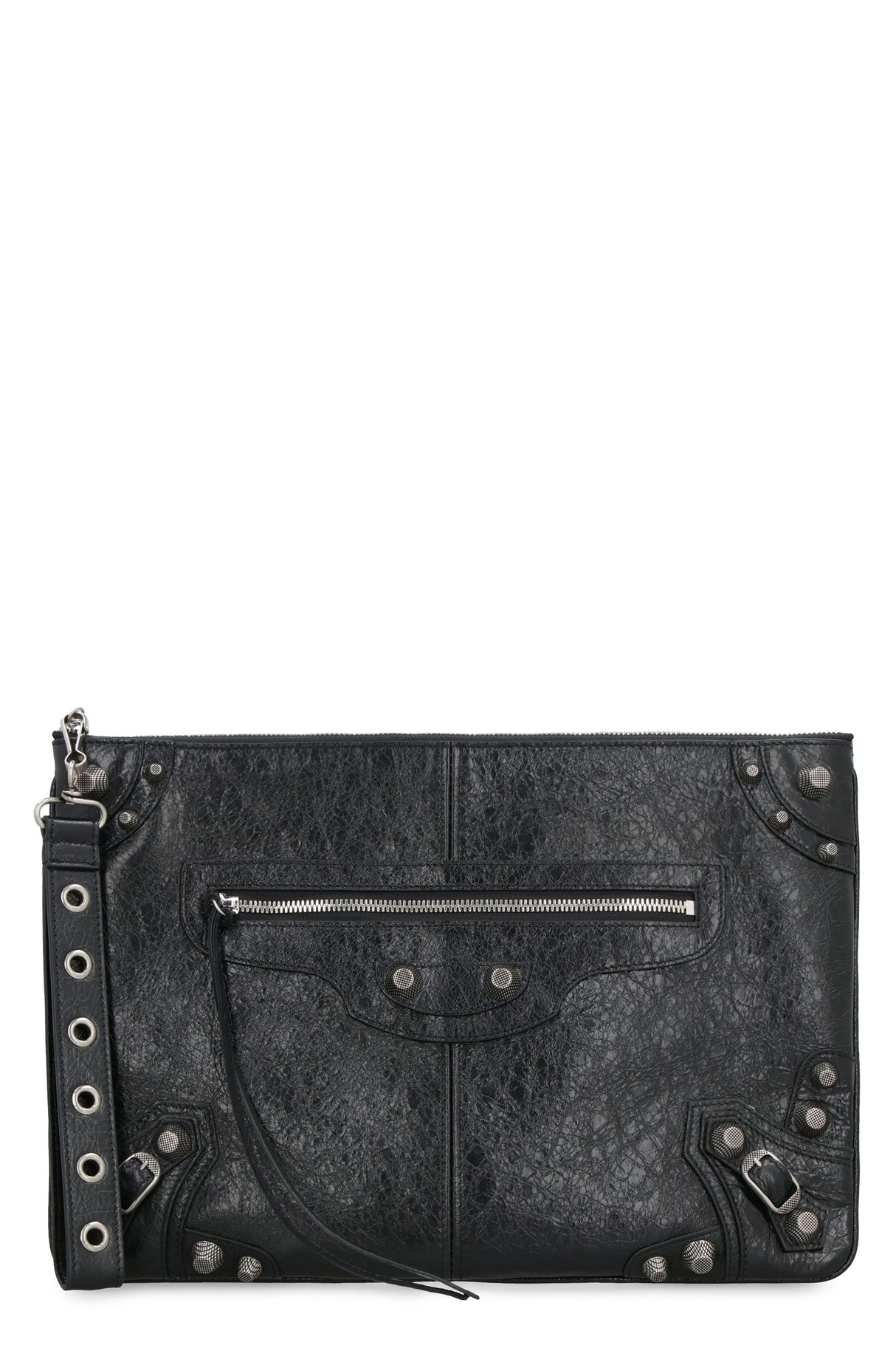 BALENCIAGA Black Lamb Leather Pouch Handbag with Metal Studs and Detachable Wrist Strap