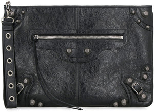 BALENCIAGA Black Lamb Leather Pouch Handbag with Metal Studs and Detachable Wrist Strap