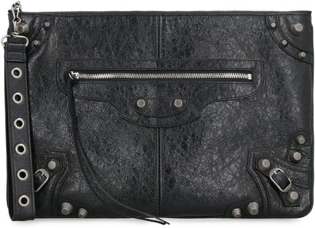 Men's Black Lamb Leather Pouch Handbag with Metal Studs and Detachable Wrist Strap