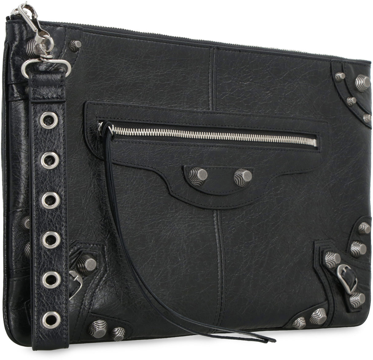 BALENCIAGA Black Lamb Leather Pouch Handbag with Metal Studs and Detachable Wrist Strap