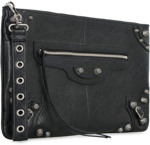 Men's Black Lamb Leather Pouch Handbag with Metal Studs and Detachable Wrist Strap