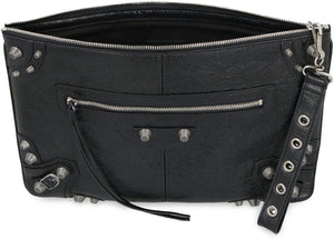 Men's Black Lamb Leather Pouch Handbag with Metal Studs and Detachable Wrist Strap