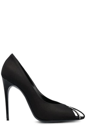 SAINT LAURENT Black Satin Rhinestone Pumps with Cap-Toe and Stiletto Heel for Women