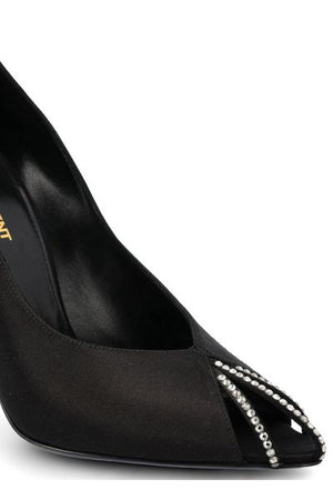 SAINT LAURENT Black Satin Rhinestone Pumps with Cap-Toe and Stiletto Heel for Women