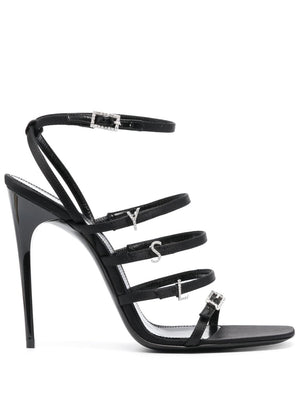 Stunning Black Satin Sandals with Rhinestone Straps and Stiletto Heel for Women