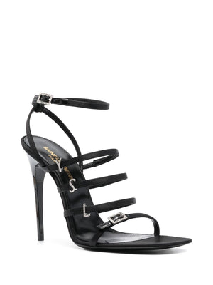 Stunning Black Satin Sandals with Rhinestone Straps and Stiletto Heel for Women