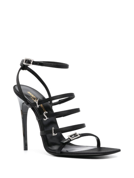 SAINT LAURENT Stunning Black Satin Sandals with Rhinestone Straps and Stiletto Heel for Women