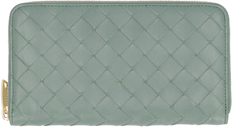 Green Woven Leather Zip Around Wallet for Women