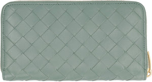 BOTTEGA VENETA Intrecciato Zip Around Wallet - Woven Leather, Top Zippered Closure, Green