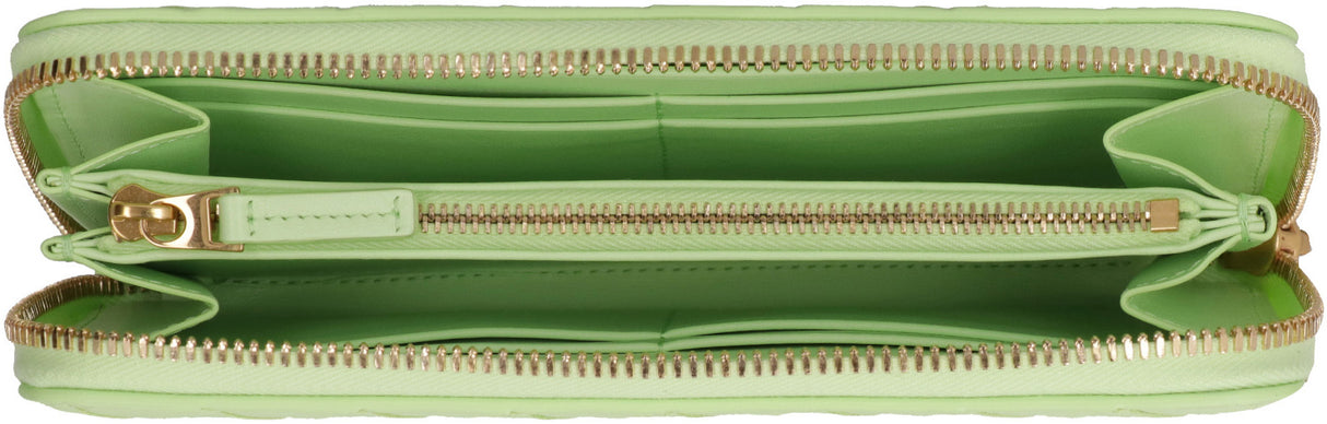 BOTTEGA VENETA Green Woven Leather Zip Around Wallet for Women