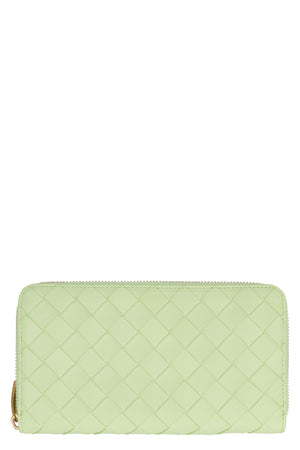 Green Interwoven Leather Zip Around Wallet for Women