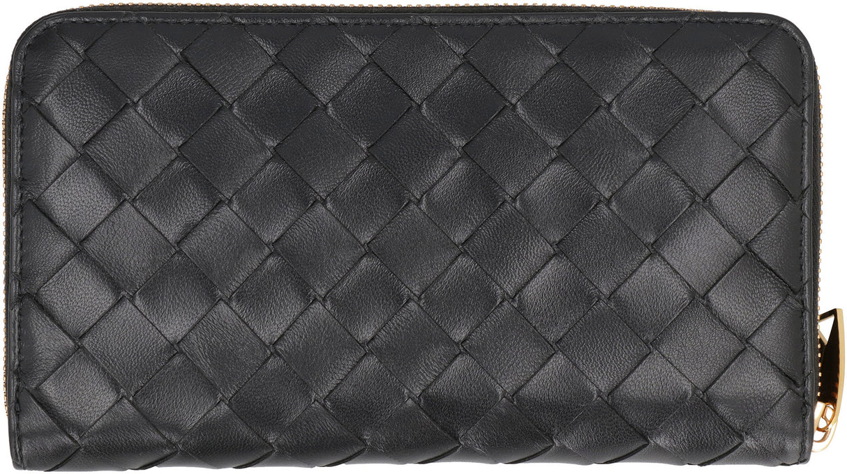 Intrecciato Leather Wallet for Women - Black