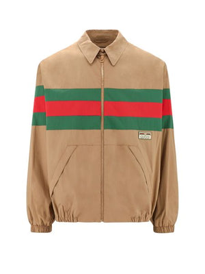 Men's Cotton Jacket with Green-Red-Green Detail in Brown