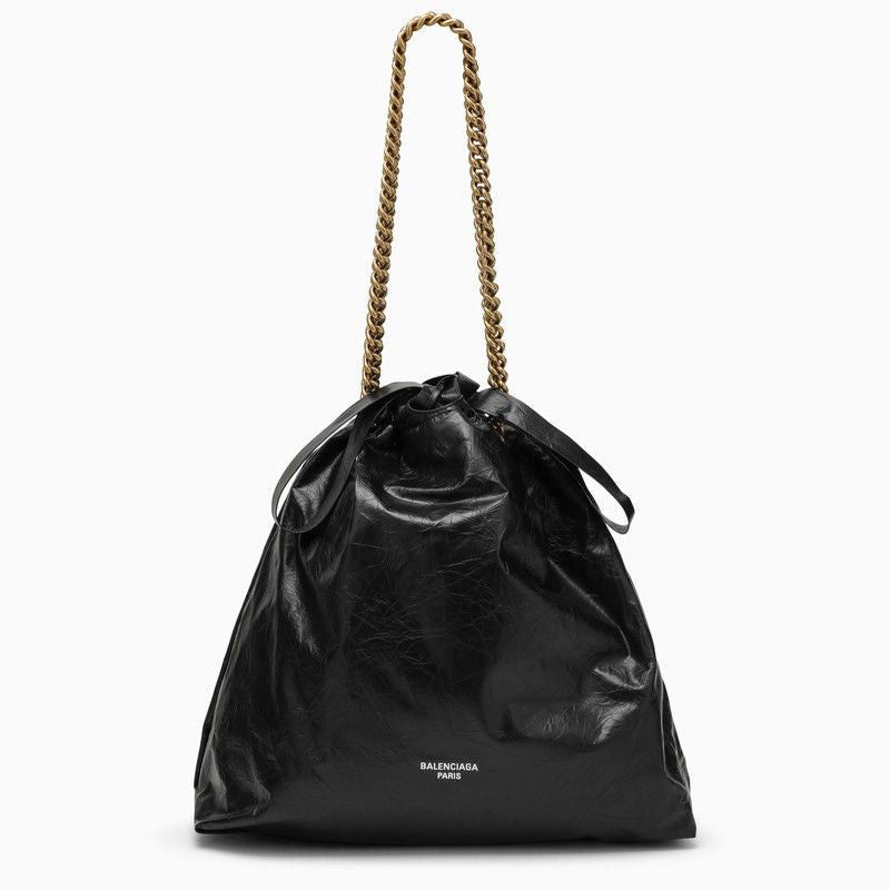 Black Leather Chain Tote Handbag with Drawstring Closure and Gold-Tone Hardware